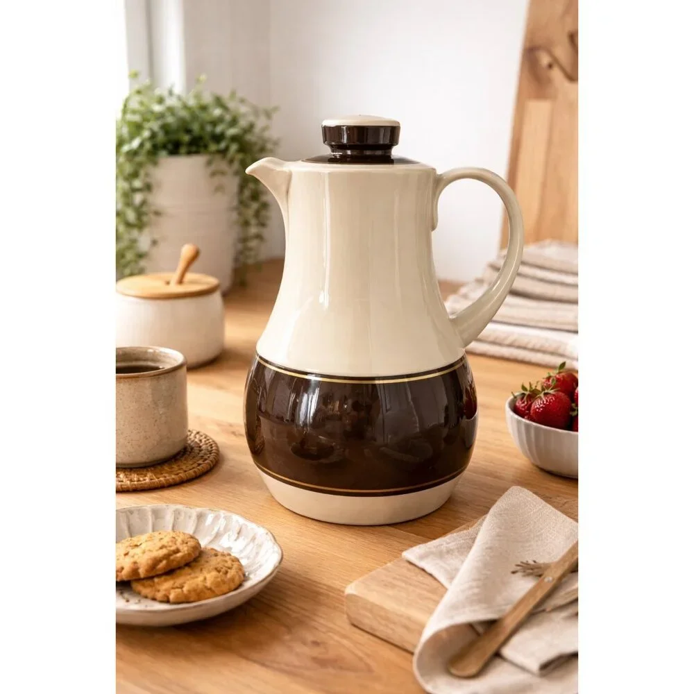 Vintage Thermos Carafe Model 570 Brown Cream Insulated Pitcher West Germany 11x7